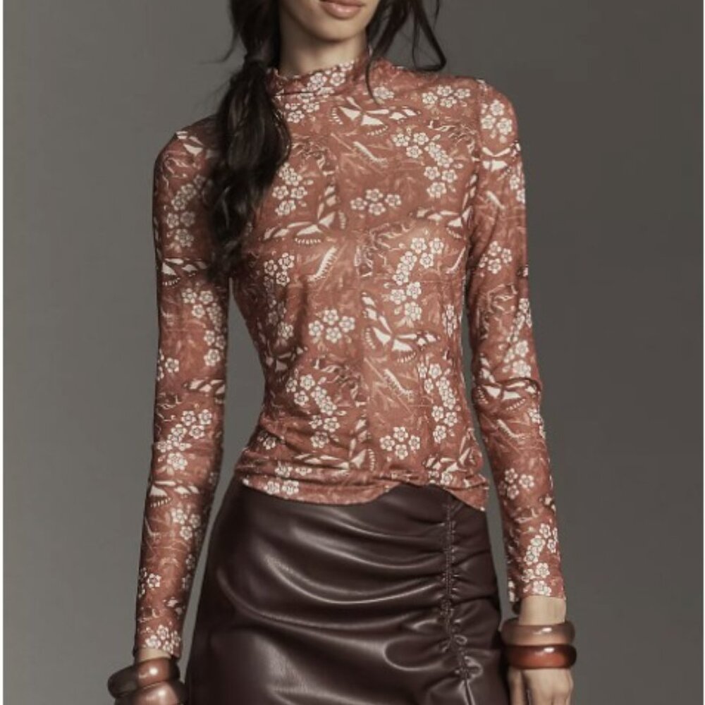 Anthropologie Sheer Floral Lace Mock Neck Top - Rust/Terracotta Floral NWT